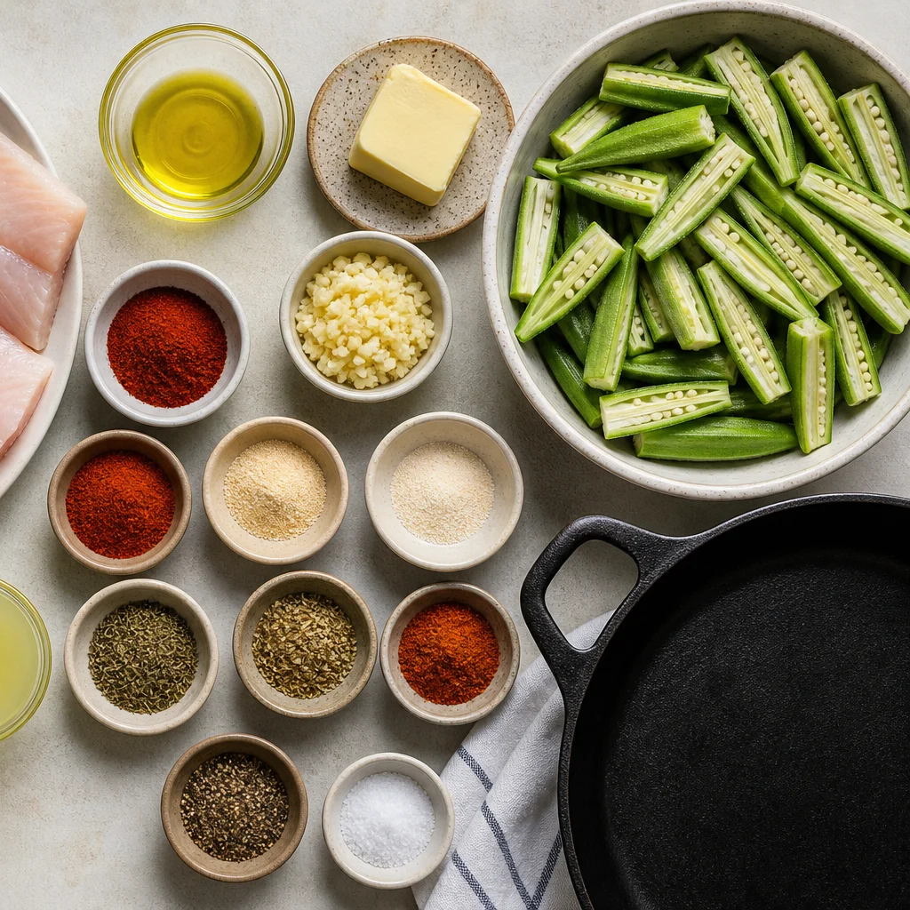 Ingredients for One-Pan Cajun Blackened Catfish with Garlic Butter Okra