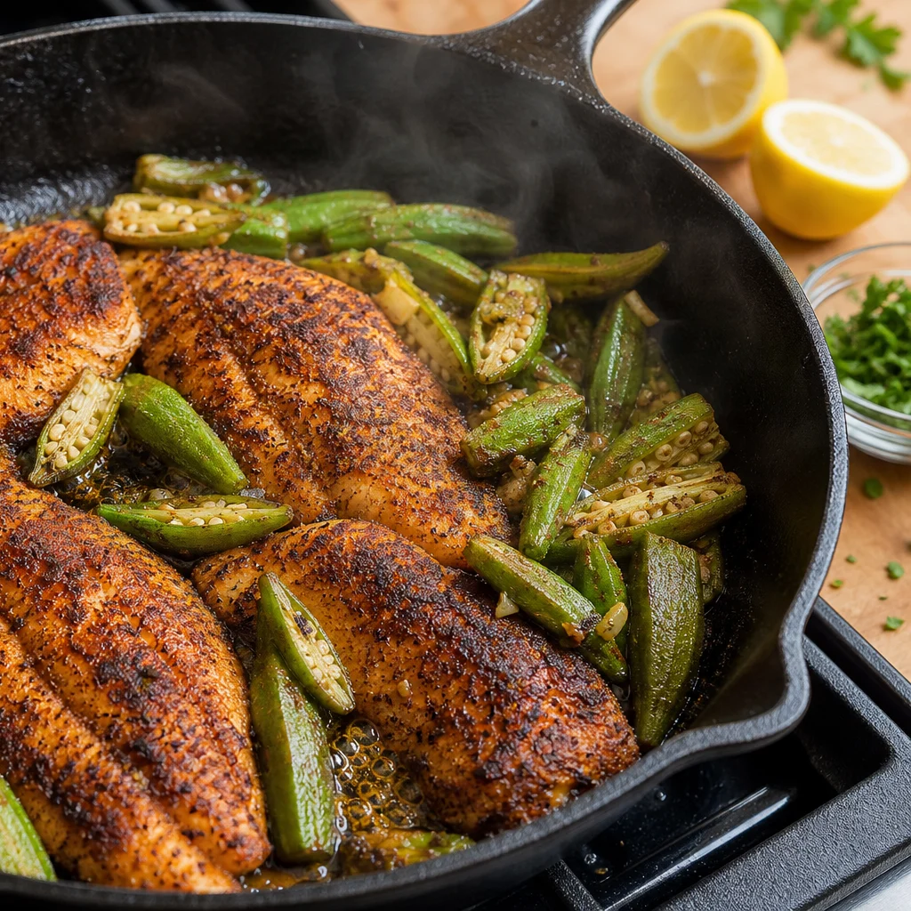 One-Pan Cajun Blackened Catfish with Garlic Butter Okra cooking in the recommended pan or pot