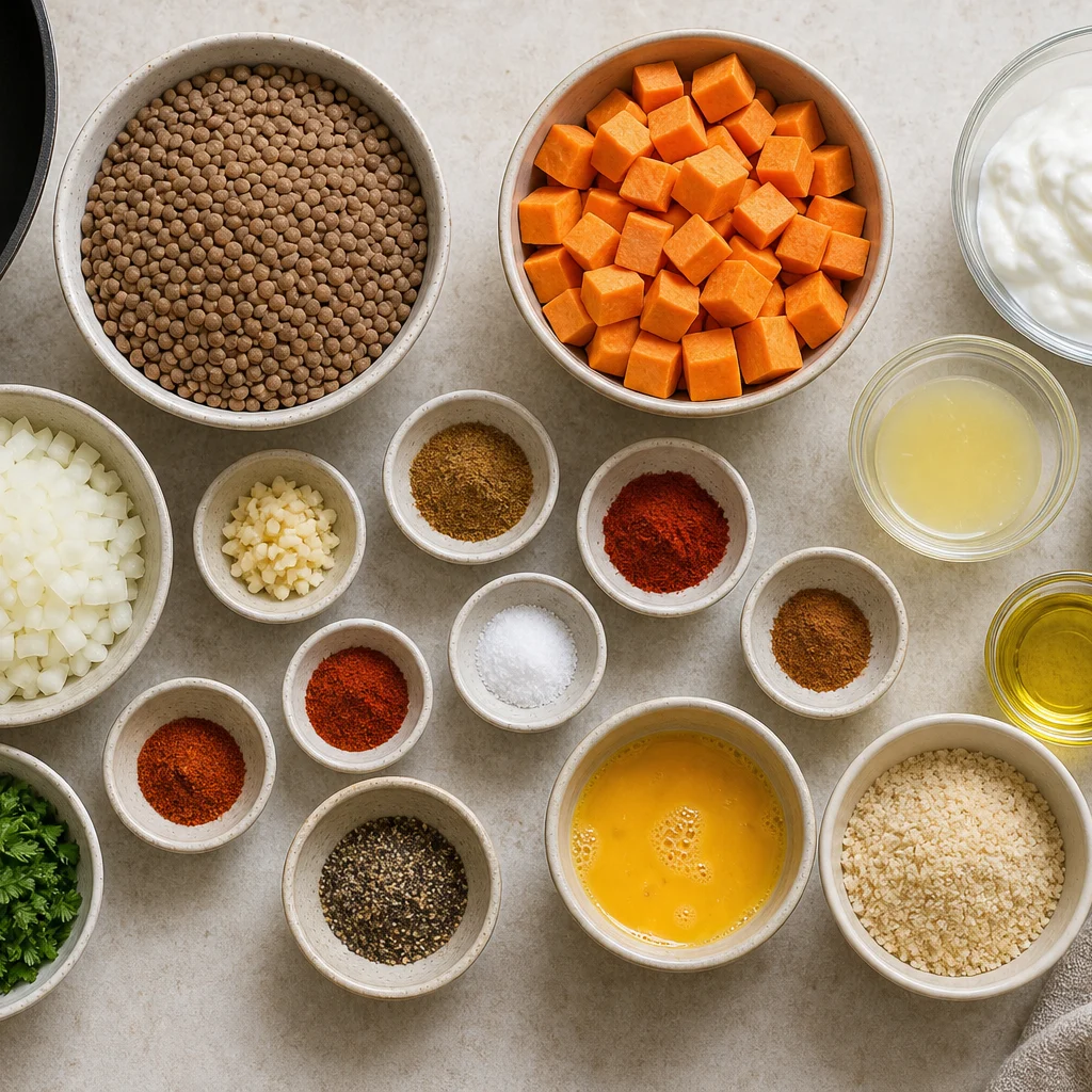Ingredients for Skillet Spiced Lentil and Sweet Potato Patties with Cilantro Yogurt Sauce