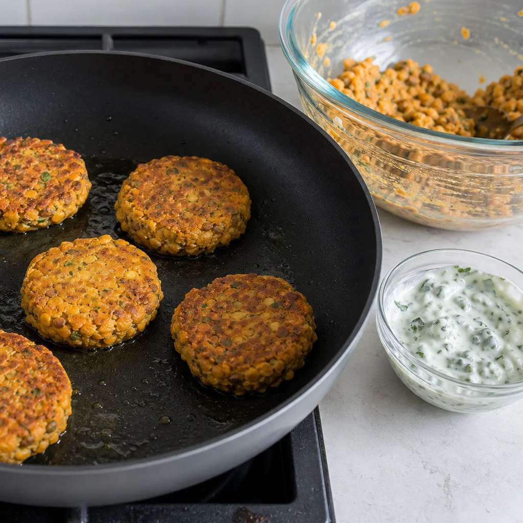 Skillet Spiced Lentil and Sweet Potato Patties with Cilantro Yogurt Sauce cooking in the recommended pan or pot