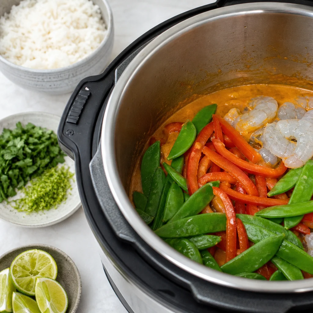 Instant Pot Coconut Lime Thai Prawn Curry cooking in the recommended pan or pot