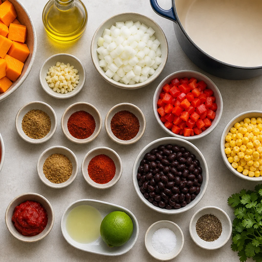 Ingredients for One-Pot Roasted Pumpkin and Black Bean Chili