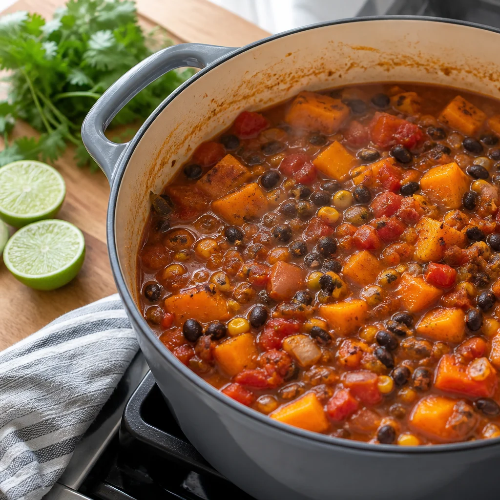 One-Pot Roasted Pumpkin and Black Bean Chili cooking in the recommended pan or pot