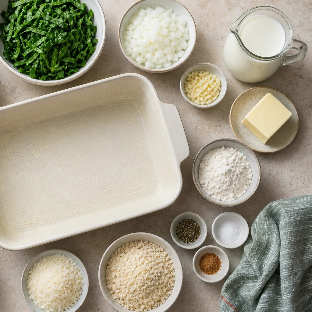 Ingredients for Cheesy Spinach and Potato Casserole with Parmesan Breadcrumb Topping