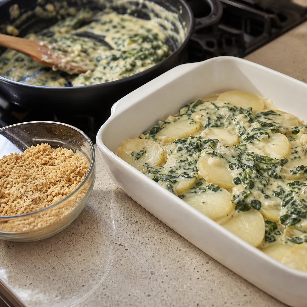 Cheesy Spinach and Potato Casserole with Parmesan Breadcrumb Topping cooking in the recommended pan or pot
