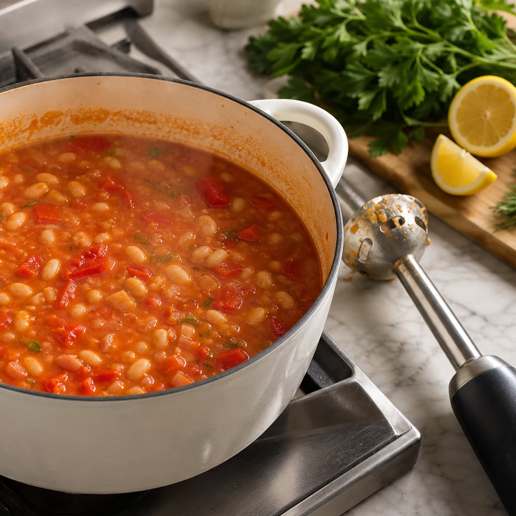 One-Pot Roasted Red Pepper and White Bean Soup cooking in the recommended pan or pot