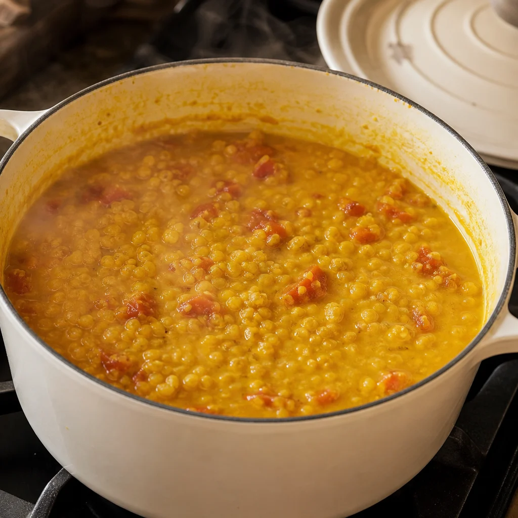One-Pot Coconut Turmeric Lentil Dal cooking in the recommended pan or pot