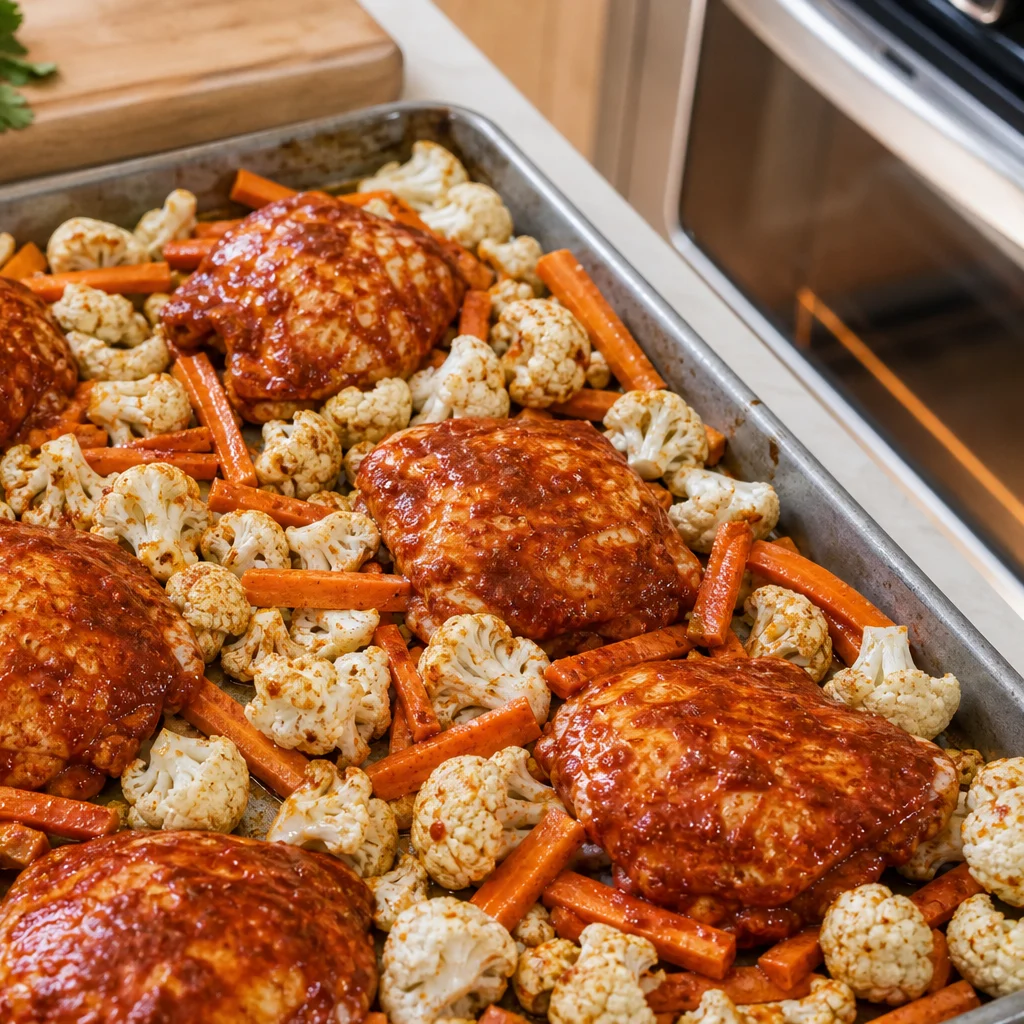 One-Pan Spicy Harissa Chicken with Roasted Cauliflower and Carrots cooking in the recommended pan or pot