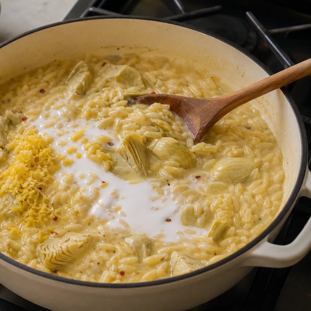 One-Pot Creamy Lemon Artichoke Orzo cooking in the recommended pan or pot