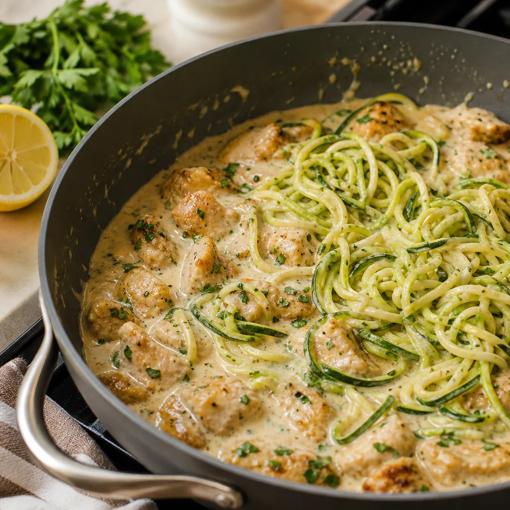 One-Pot Low-Carb Chicken Alfredo Zucchini Noodles cooking in the recommended pan or pot