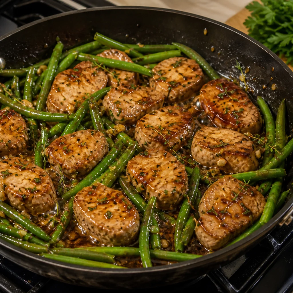 Skillet Honey Garlic Glazed Pork Tenderloin with Green Beans cooking in the recommended pan or pot