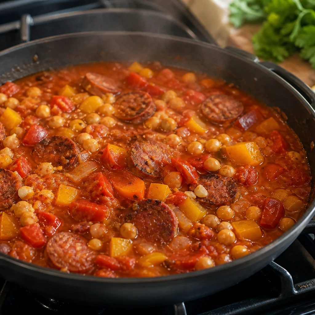 Skillet Portuguese-Style Chorizo and Chickpea Stew cooking in the recommended pan or pot