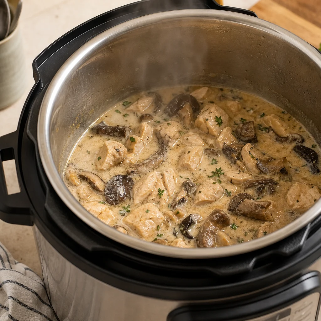 Instant Pot Chicken and Wild Mushroom Fricassee cooking in the recommended pan or pot