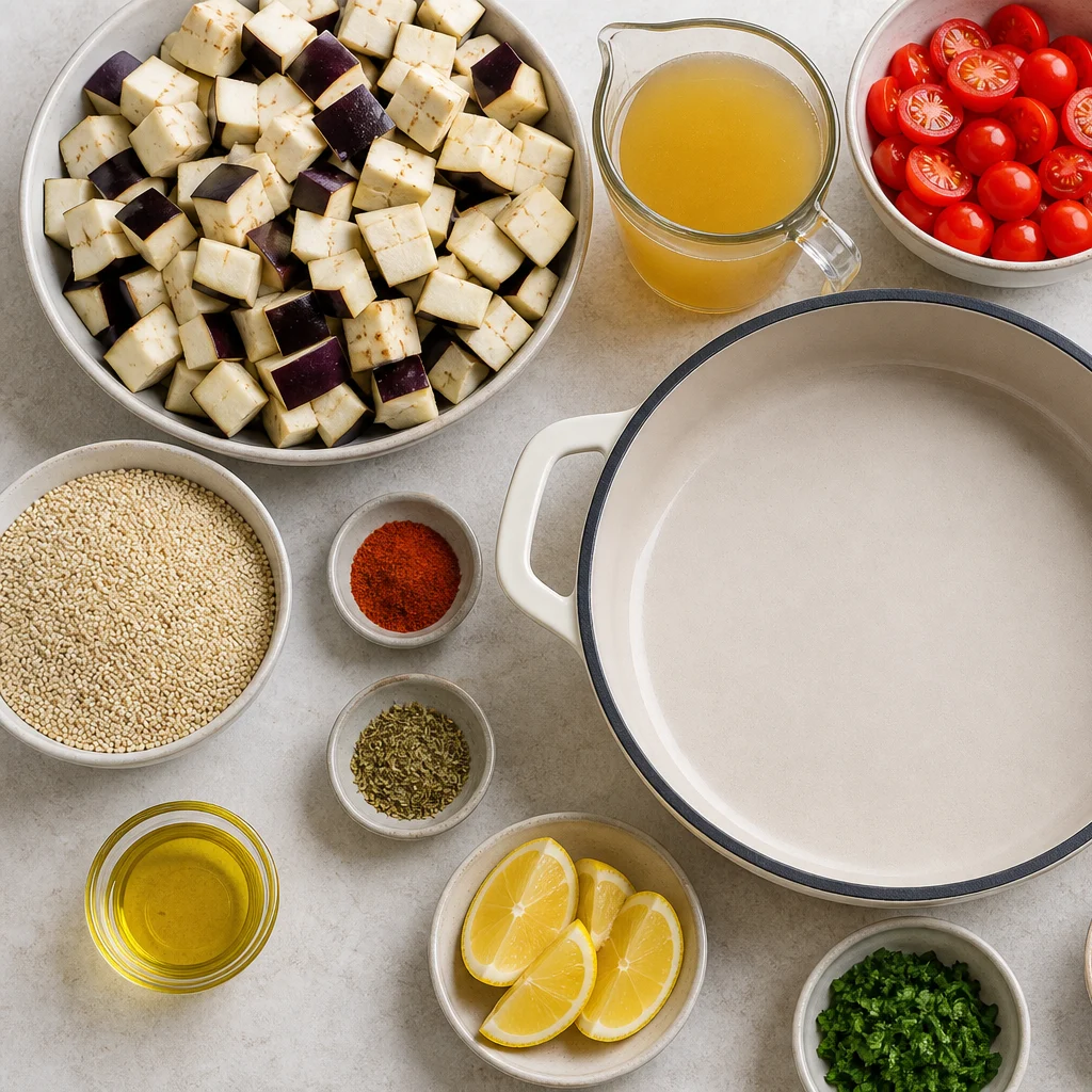 Ingredients for One-Pan Mediterranean Baked Eggplant and Feta with Quinoa