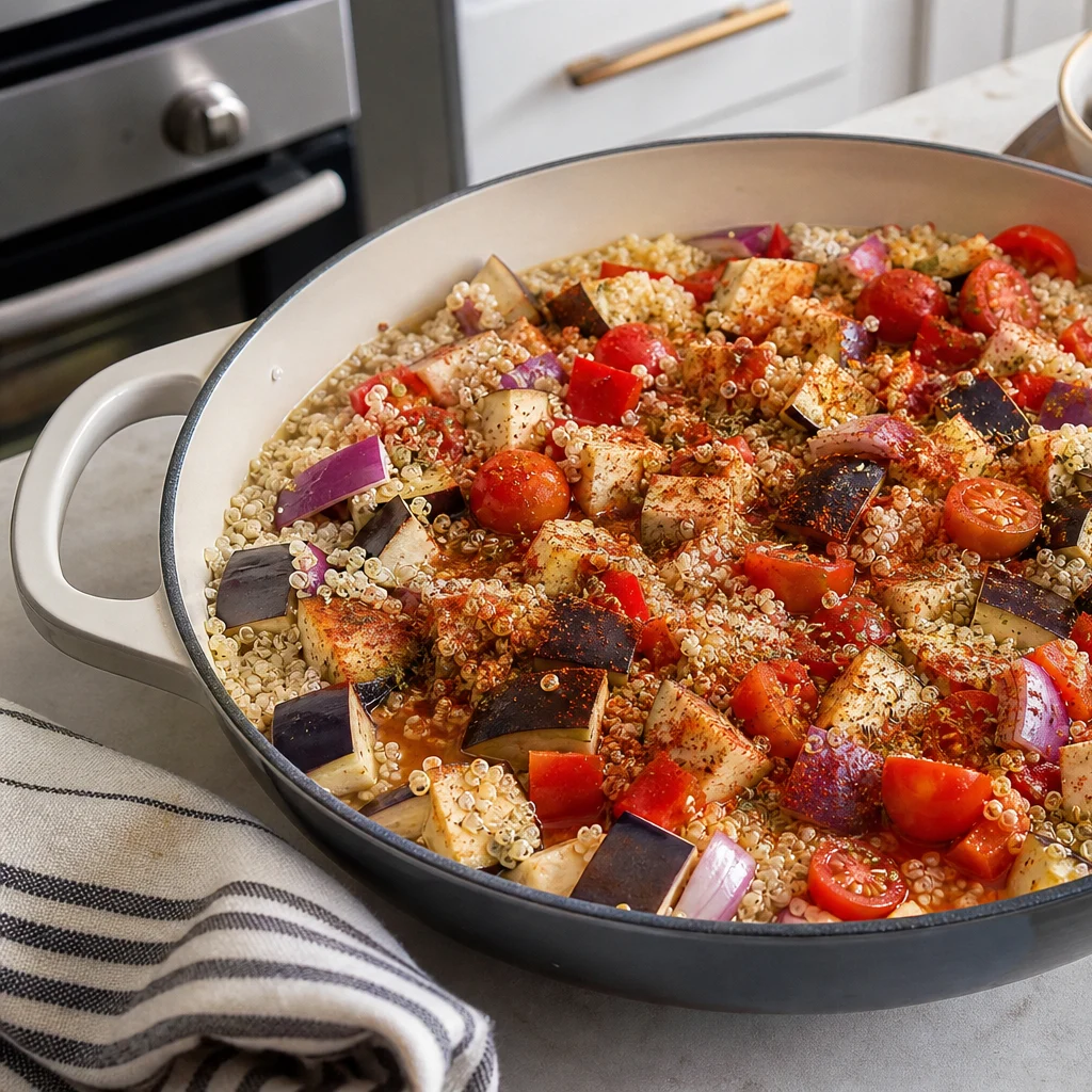 One-Pan Mediterranean Baked Eggplant and Feta with Quinoa cooking in the recommended pan or pot