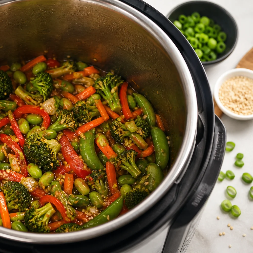 Instant Pot Ginger-Sesame Edamame and Vegetable Stir-Fry cooking in the recommended pan or pot