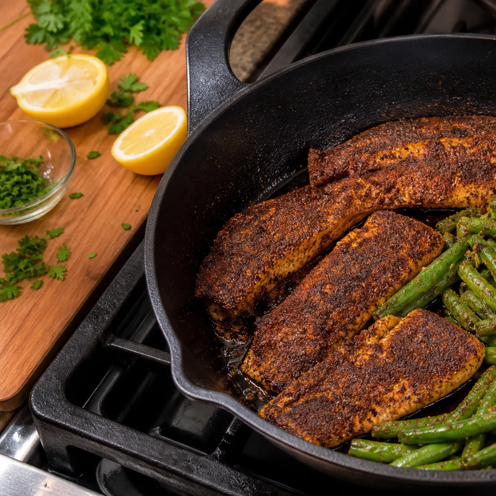 One-Pan Blackened Catfish with Cajun Green Beans cooking in the recommended pan or pot