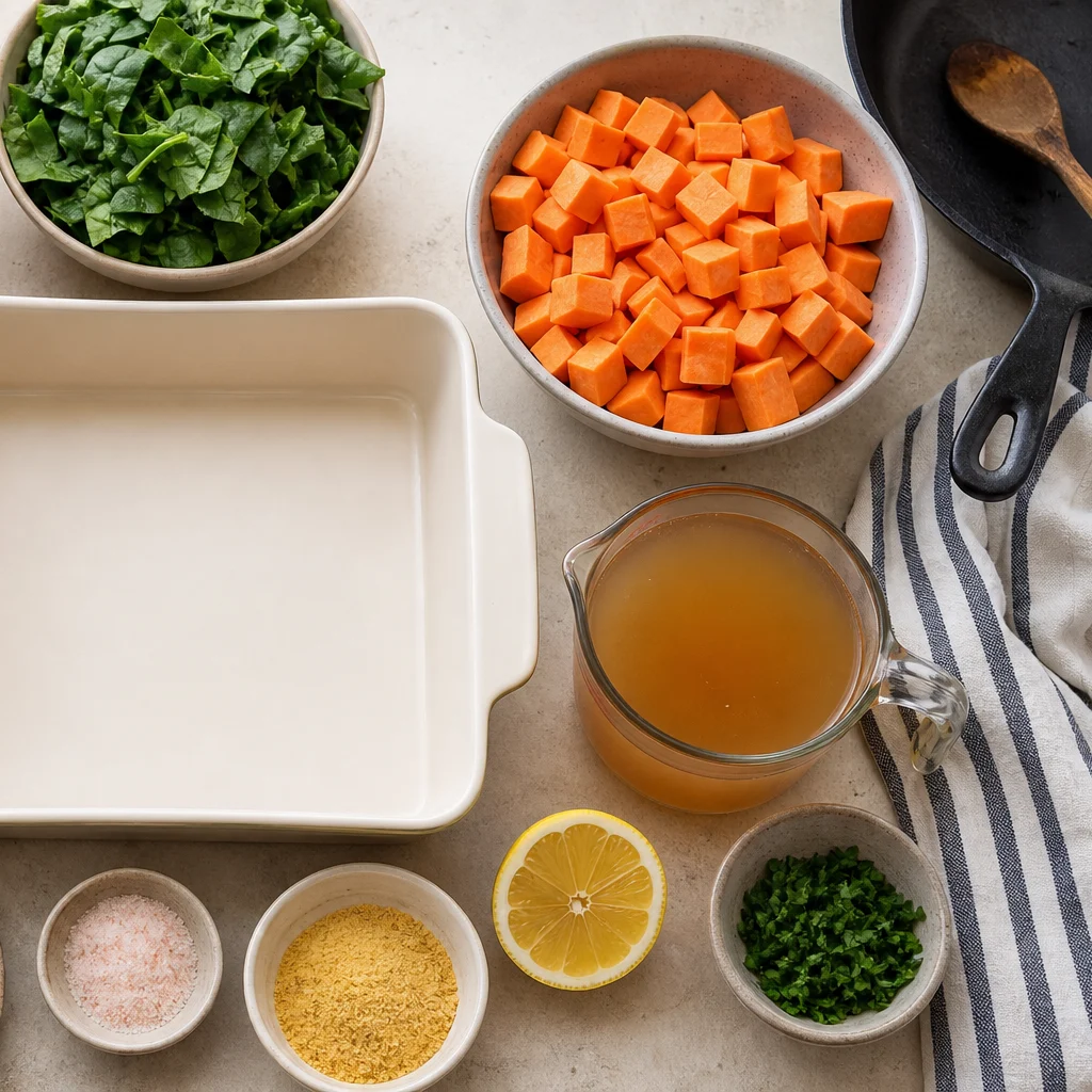 Ingredients for Casserole Layered Sweet Potato, Lentil, and Spinach Pie