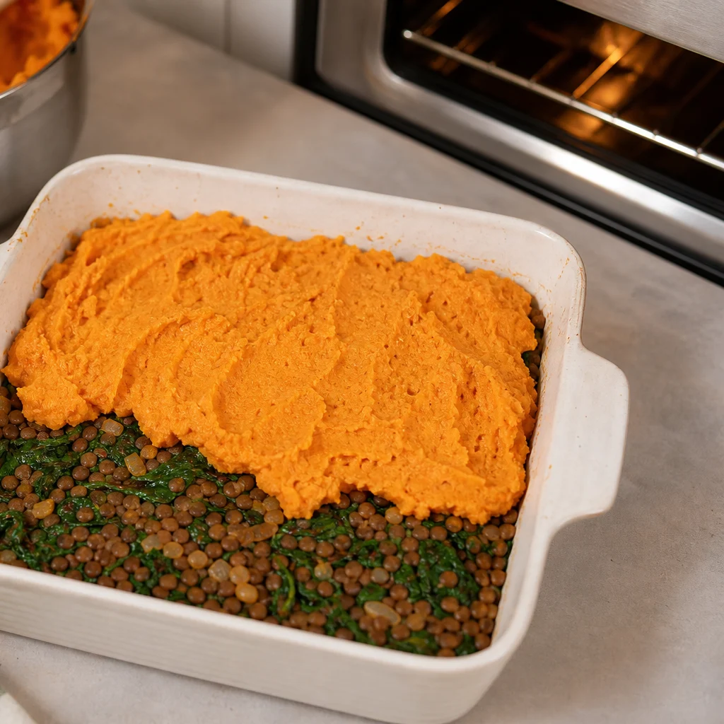Casserole Layered Sweet Potato, Lentil, and Spinach Pie cooking in the recommended pan or pot
