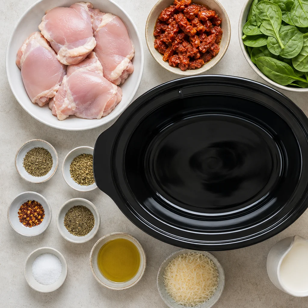 Ingredients for Slow Cooker Low-Carb Tuscan Chicken with Spinach and Sun-Dried Tomatoes