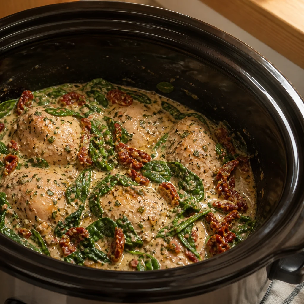 Slow Cooker Low-Carb Tuscan Chicken with Spinach and Sun-Dried Tomatoes cooking in the recommended pan or pot