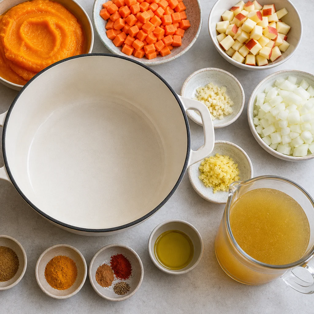 Ingredients for One-Pot Spiced Pumpkin and Lentil Soup