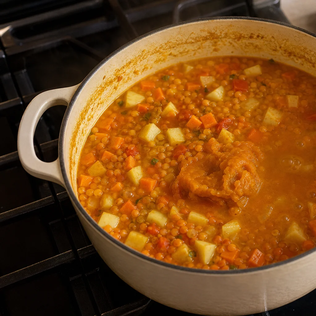 One-Pot Spiced Pumpkin and Lentil Soup cooking in the recommended pan or pot
