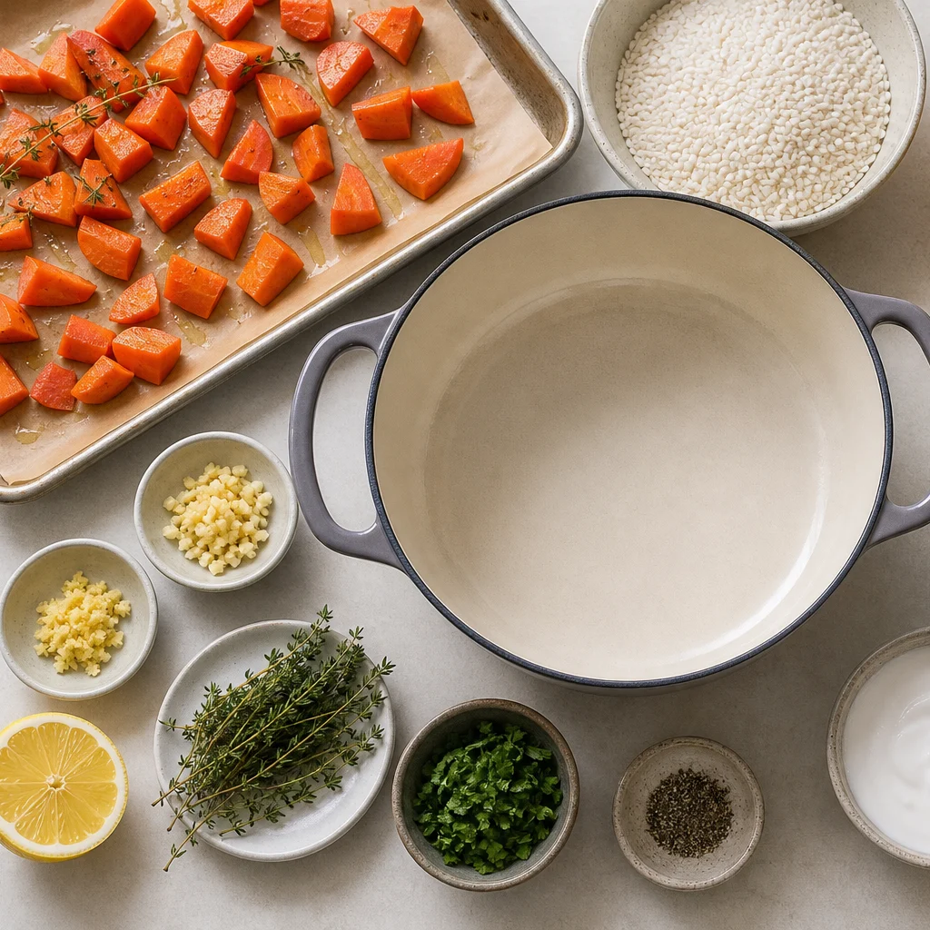 Ingredients for One-Pot Creamy Roasted Carrot and Ginger Risotto