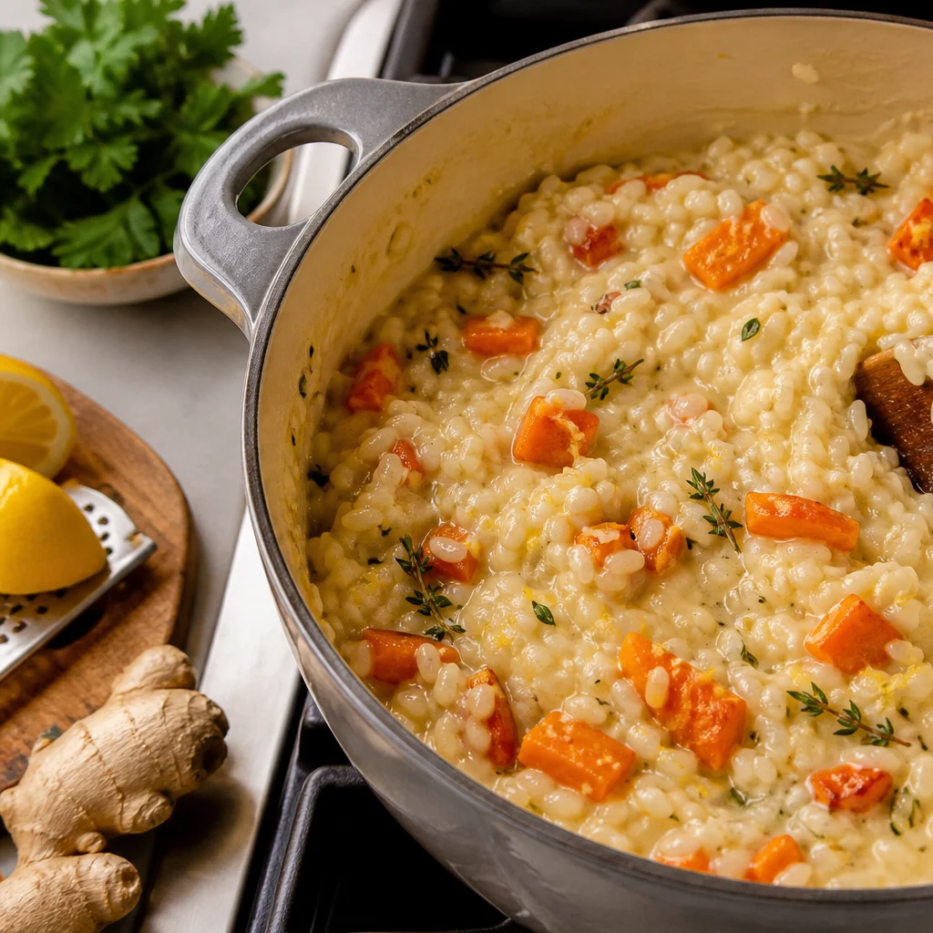 One-Pot Creamy Roasted Carrot and Ginger Risotto cooking in the recommended pan or pot