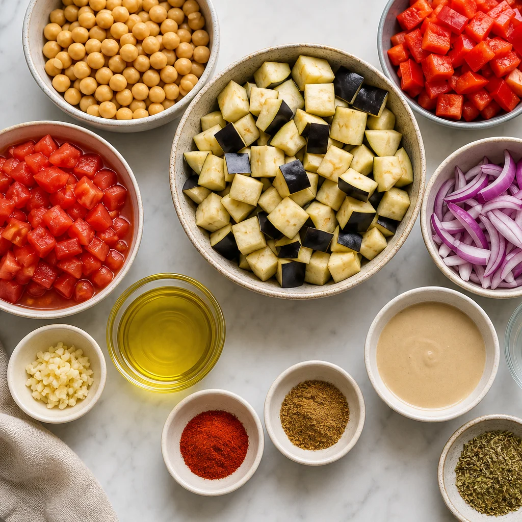 Ingredients for Casserole Mediterranean Eggplant and Chickpea Bake with Tahini Drizzle