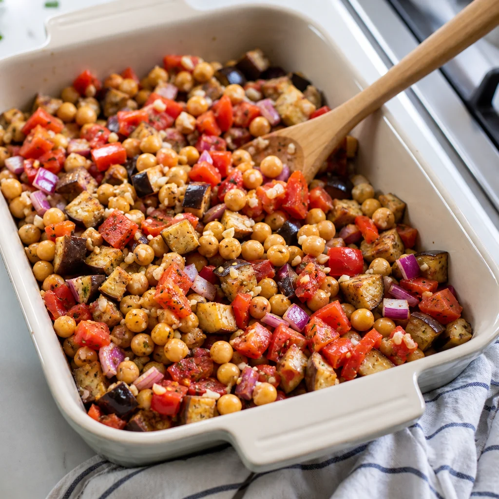 Casserole Mediterranean Eggplant and Chickpea Bake with Tahini Drizzle cooking in the recommended pan or pot