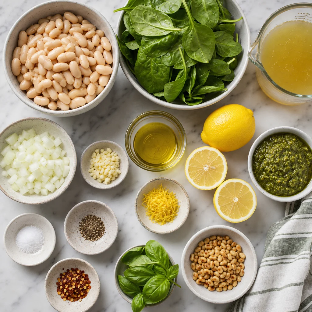 Ingredients for One-Pot Lemon Herb Pesto Cannellini Beans and Spinach