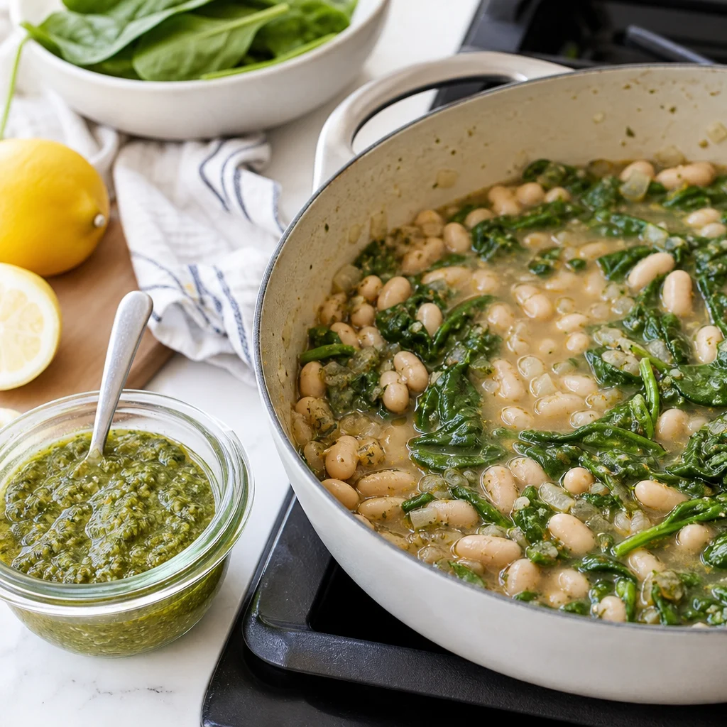 One-Pot Lemon Herb Pesto Cannellini Beans and Spinach cooking in the recommended pan or pot