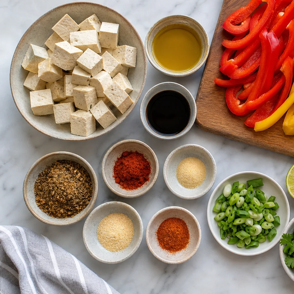 Ingredients for One-Pan Caribbean Jerk Tofu with Pineapple and Bell Peppers
