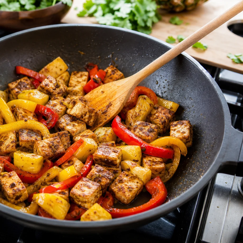 One-Pan Caribbean Jerk Tofu with Pineapple and Bell Peppers cooking in the recommended pan or pot