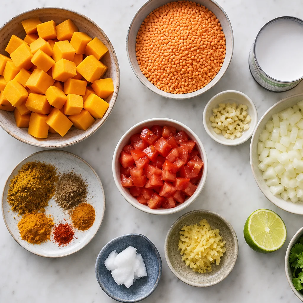 Ingredients for One-Pot Spiced Pumpkin and Red Lentil Curry with Coconut Milk
