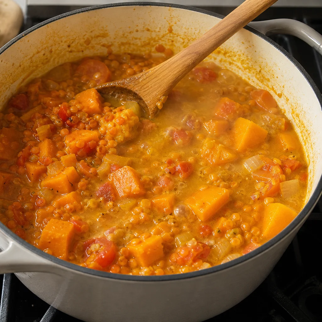 One-Pot Spiced Pumpkin and Red Lentil Curry with Coconut Milk cooking in the recommended pan or pot