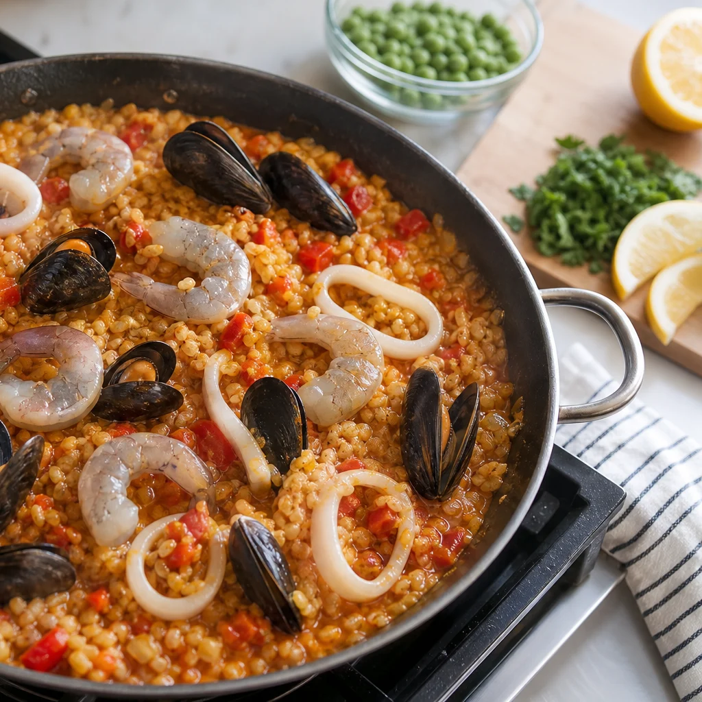 One-Pot Spanish Seafood Paella cooking in the recommended pan or pot