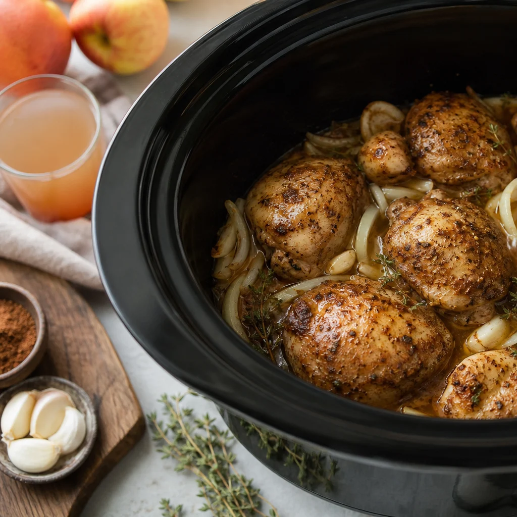 Slow Cooker Spiced Apple Cider Pulled Chicken cooking in the recommended pan or pot