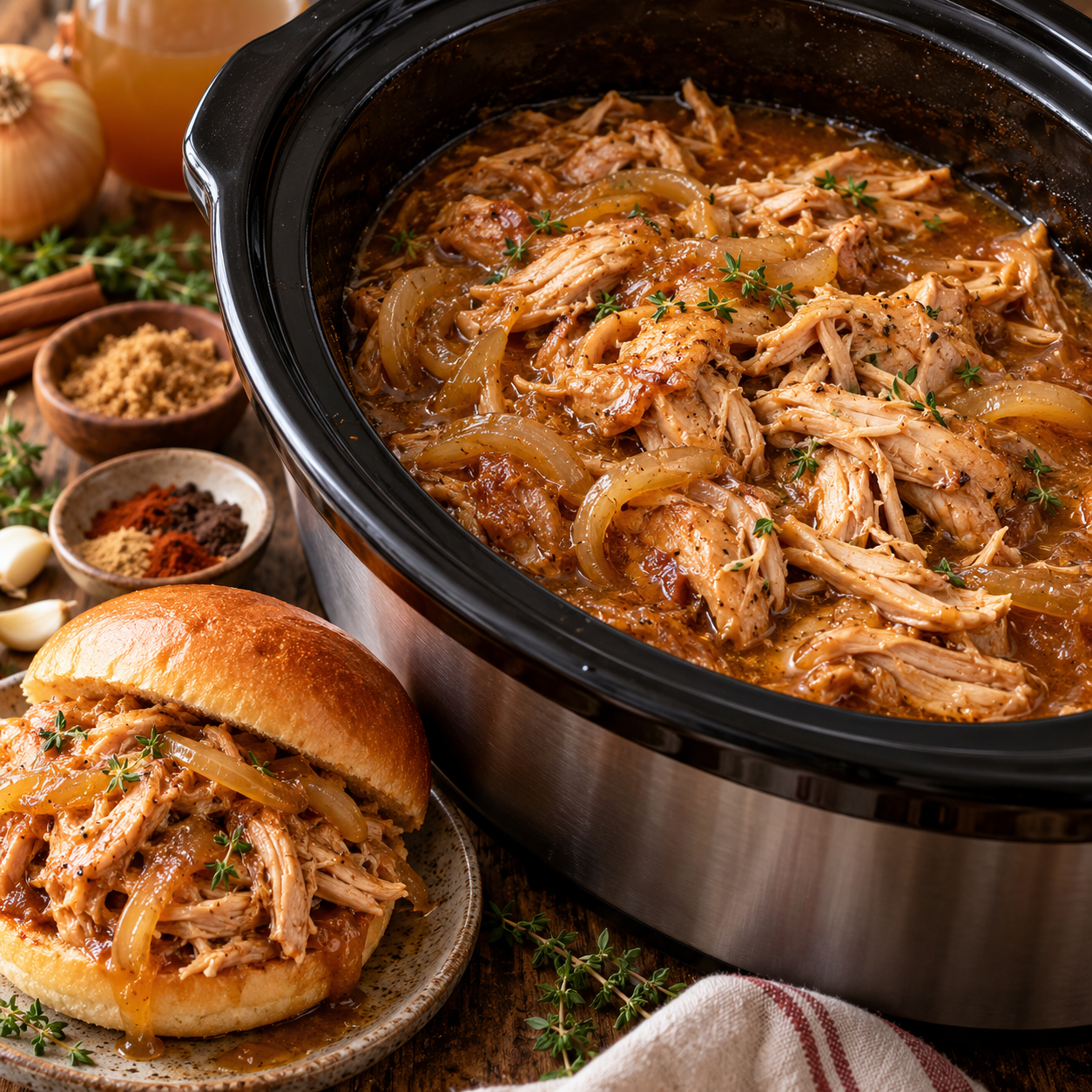 Slow Cooker Spiced Apple Cider Pulled Chicken
