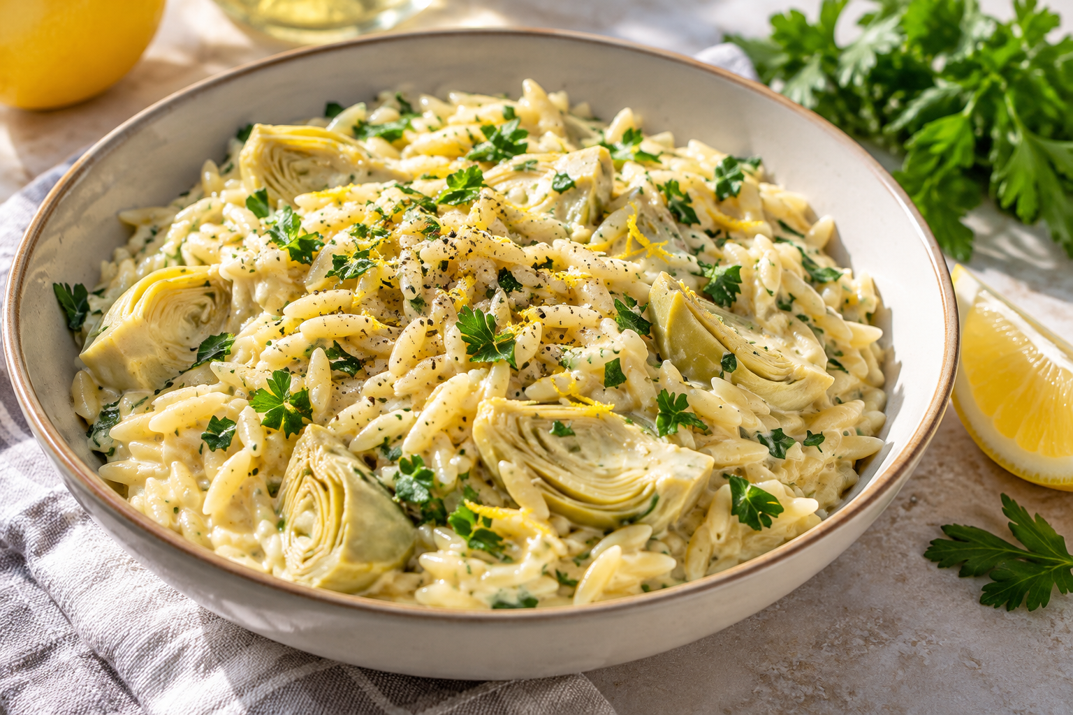 One-Pot Creamy Lemon Artichoke Orzo